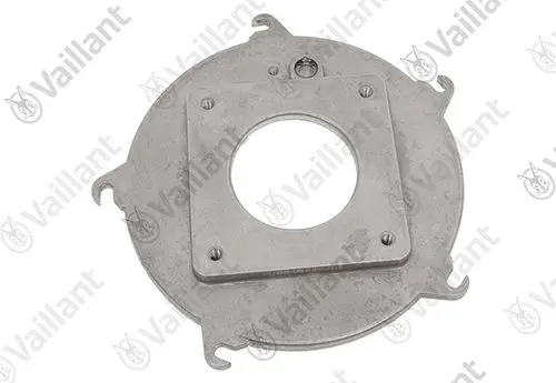 Metallischer Brennerflansch von Vaillant mit kreisförmiger Grundfläche und quadratischem Ausschnitt in der Mitte. Ausführung in silberner Farbe.